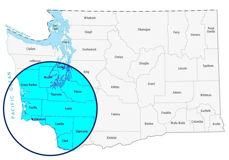 Novion Media service area map — SW Washington counties highlighted