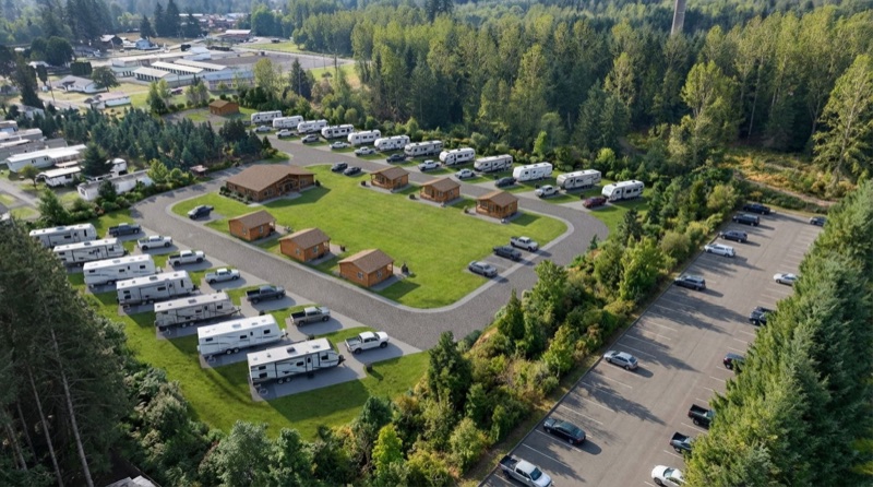 Illustrative aerial visualization of the proposed RV park with cabins and parking